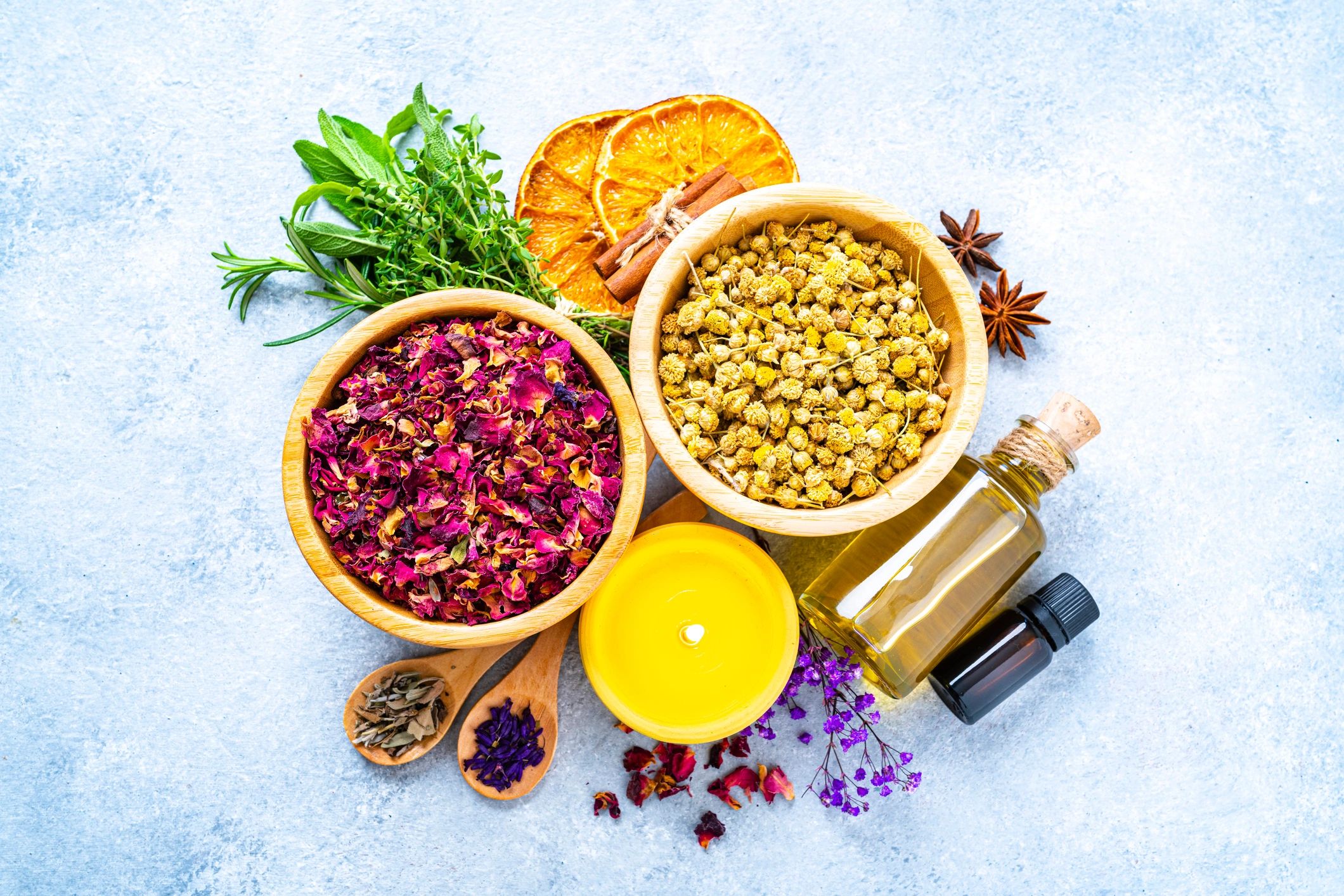 Wellness supplements and herbal products arranged neatly