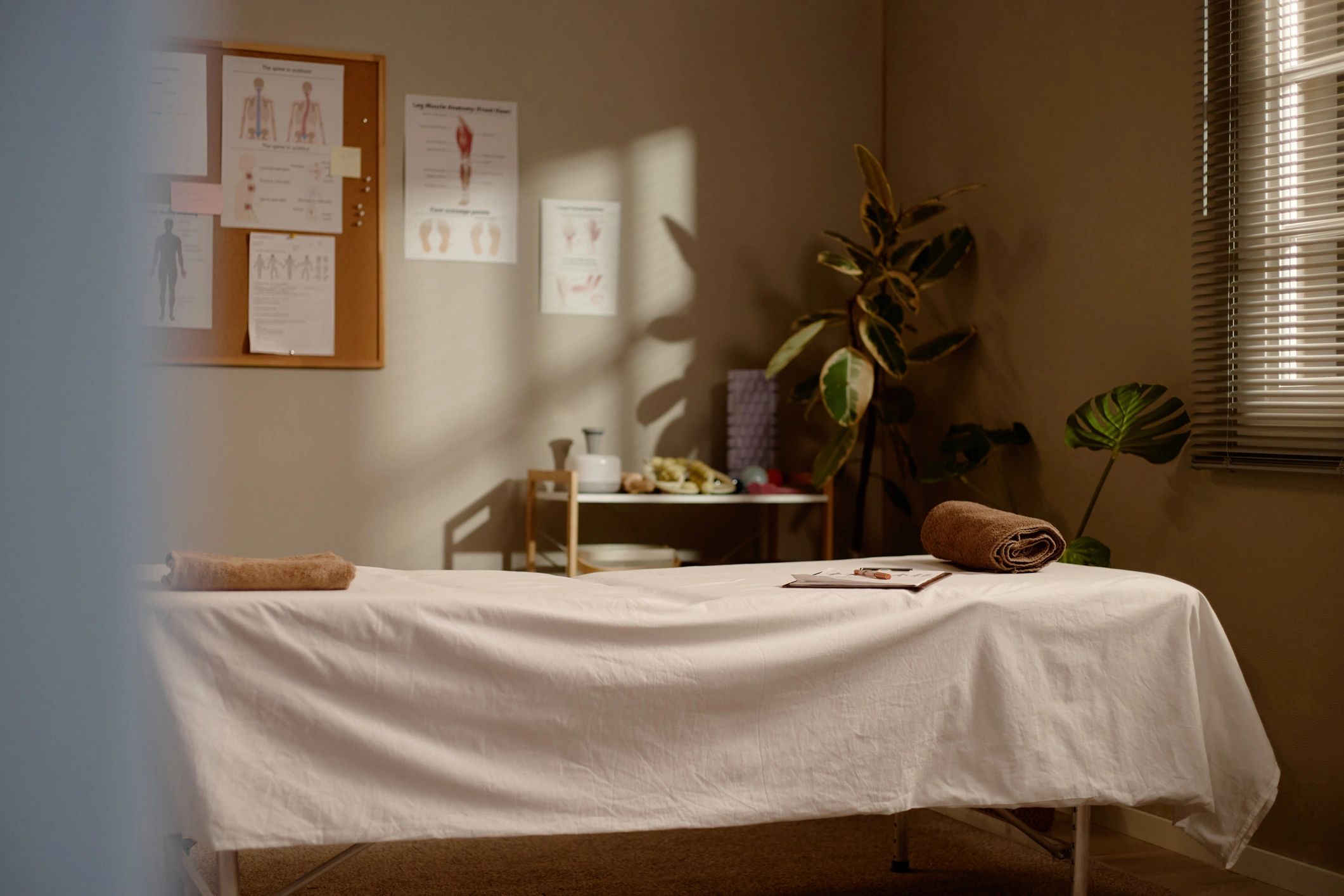 Calm massage therapy room ready for treatment